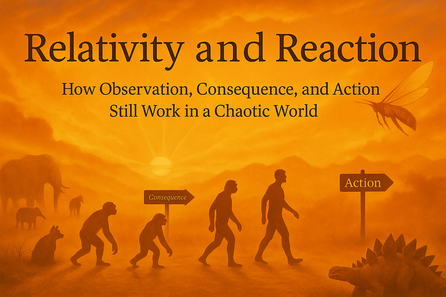 Illustration of human evolution progressing toward deliberate action, with signposts for consequence and action, set against animals representing evolutionary history and risk