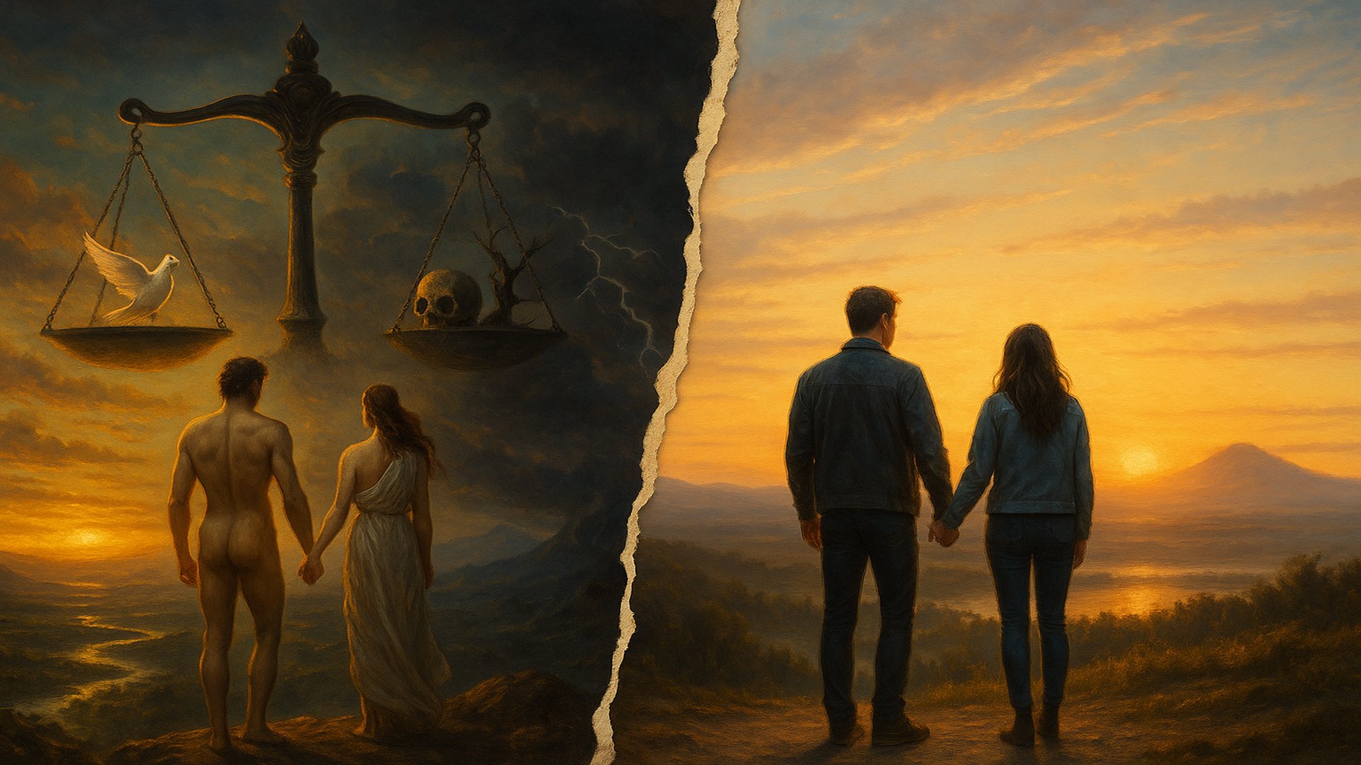 Split image of a couple holding hands: on one side facing a calm sunrise, on the other facing darker imagery symbolising judgement, risk, and difficult decisions.