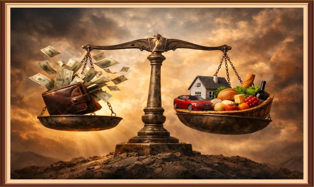 Scales balancing a wallet against household expenses.