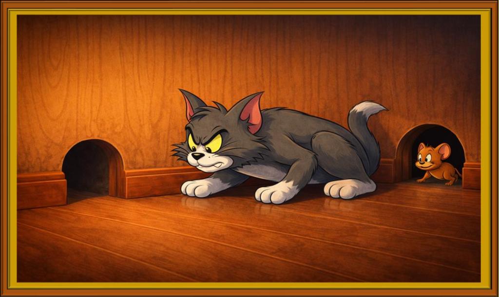 A cat watching for a mouse near an escape route.