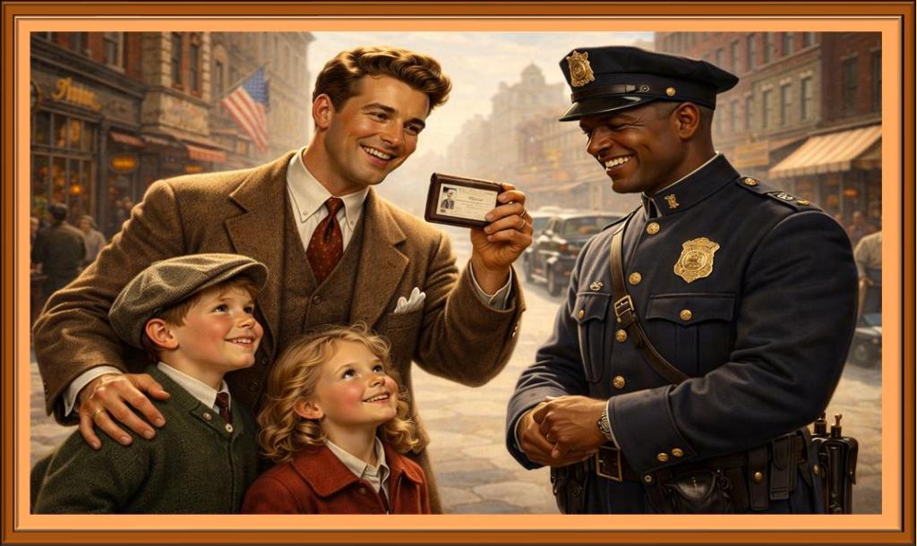 A father showing identification to a police officer.