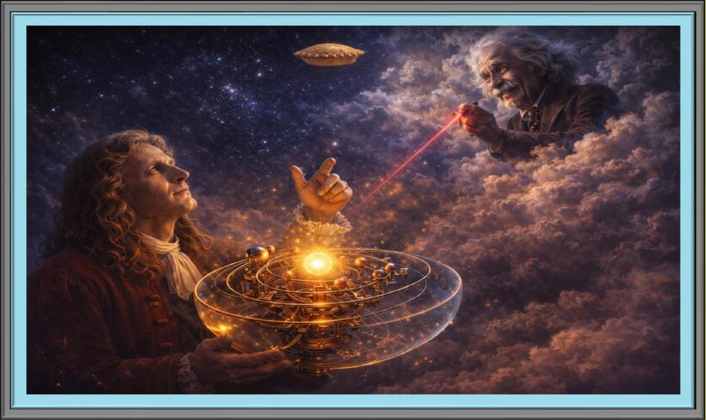 Newton and Einstein looking at the sky