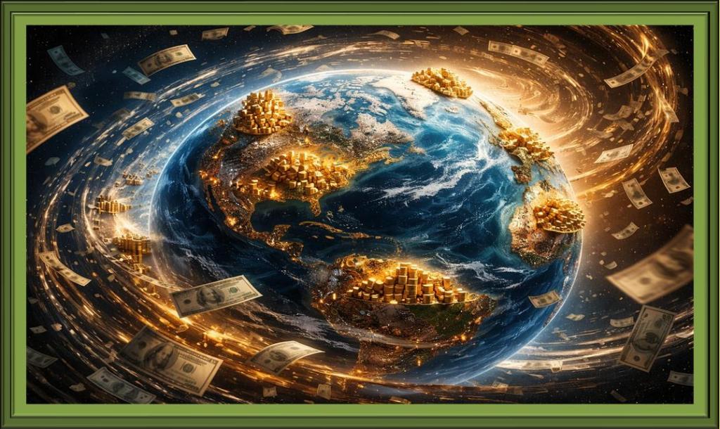 Banknotes swirling around the Earth.