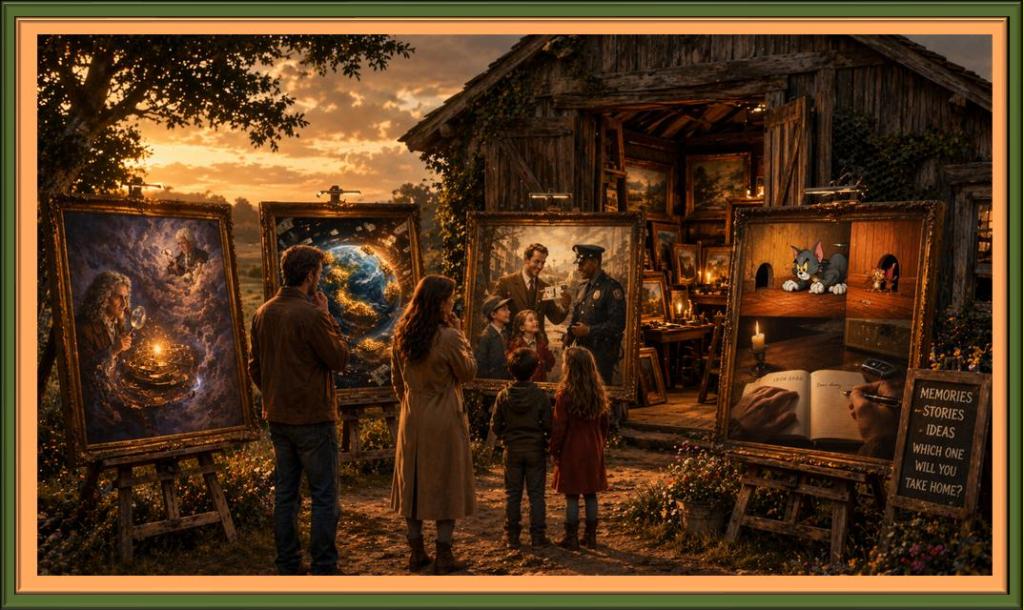 A family looking at multiple framed pictures.