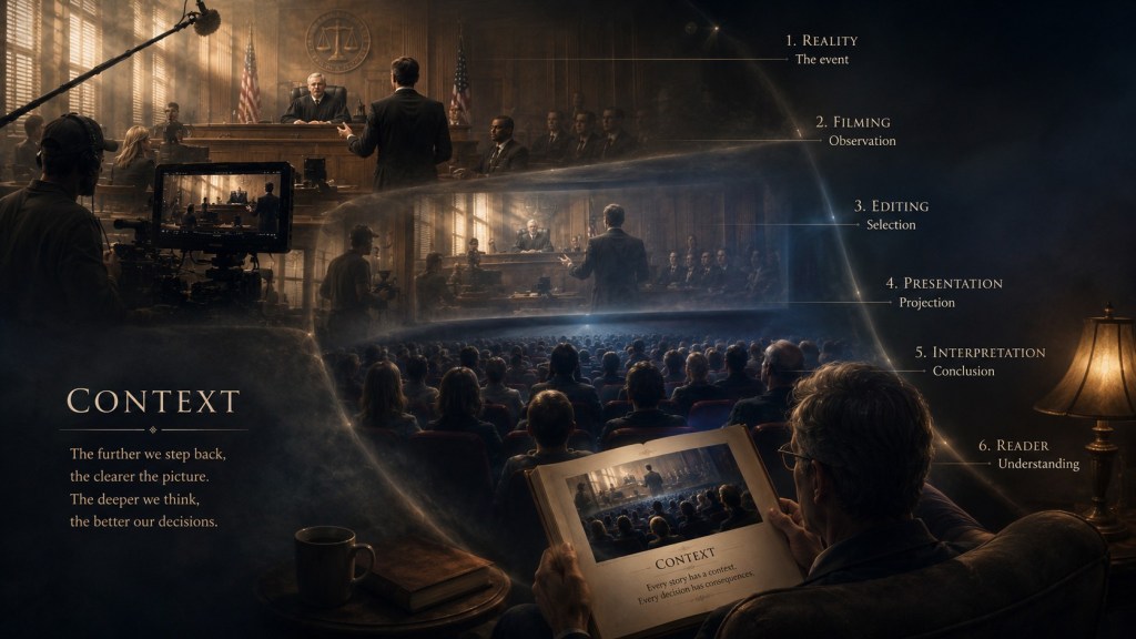 A film crew records a courtroom scene that is shown on a cinema screen to an audience, illustrating how the same event is viewed through successive layers of context and interpretation.