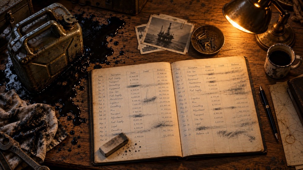 Open accounting ledger on an oil-stained desk beside a metal fuel can, photographs of an offshore oil platform, a coffee cup and a desk lamp.