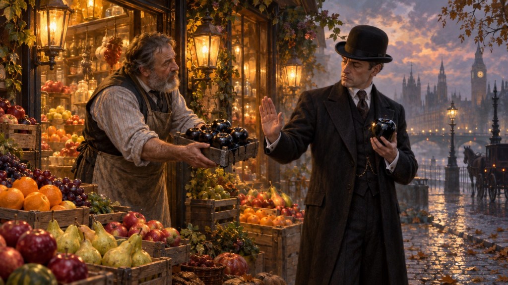 A grocer standing in the doorway of a brightly lit fruit shop offers a crate of black apples to a businessman in a bowler hat, who holds one large black apple while raising his hand in refusal; the Houses of Parliament stand in the background.