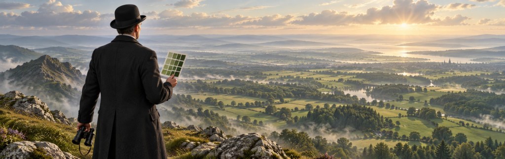 A businessman in a bowler hat stands on a mountain overlooking a broad green valley at sunrise, holding binoculars in one hand and a palette of green shades in the other.