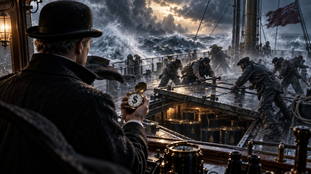 A businessman in a bowler hat looks out over the deck of a ship heading into stormy seas, holding a watch with a dollar sign on its face. On deck, crew members are battening down the hatch, and barrels of oil are visible in the hold below.