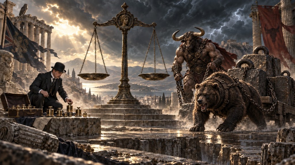 In a ruined classical setting beneath storm clouds, a businessman in a bowler hat arranges polished measuring weights beside a large set of scales, while a powerful bull-headed figure and a chained bear approach from the other side with massive rough weights.